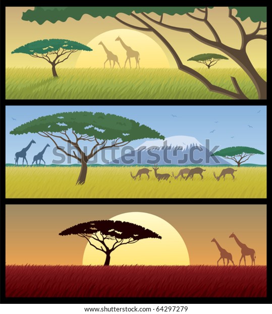 Vector De Stock Libre De Regalias Sobre Tres Paisajes Africanos Bueno Para Usar