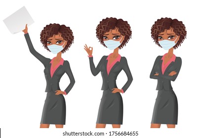 Three afro-american business woman in a mask in different poses. Isolated on white. Vector illustration