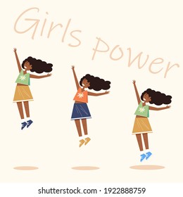 Three afro-american smiling jumping vector girls on the pink background