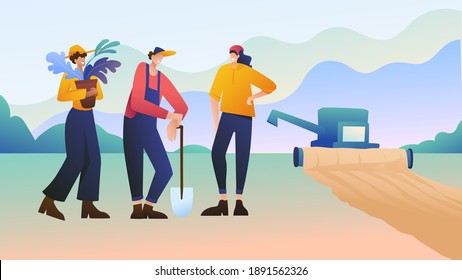 Three agronomist farmer’s characters stand in a field with a combine harvester in the background. Abstract modern flat design with men and women in a landscape background. Girl with salad.