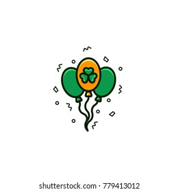 Three air balloon with shamrock symbol - flat color line icon on isolated background. Saint Patrick's Day decor, decoration, element, emblem. 