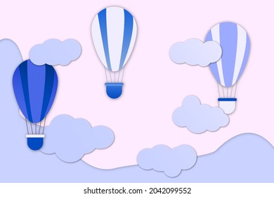 three air balloons with clouds, pink sky. Paper cut out digital craft style.