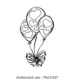 Three Air Ballooons with Hearts Print in Sketch Style. Hand drawn Vector Isolated Illustration. Engraving object.