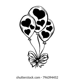 Three Air Ballooons with Hearts Silhouettes Print in Sketch Style. Hand drawn Vector Isolated Illustration. Engraving object.