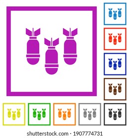 Three air bombs flat color icons in square frames on white background