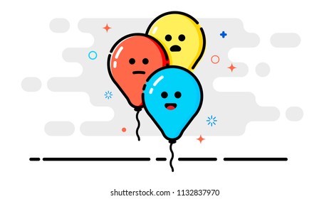 Three air colored balls with emotions in the style of cartoons.