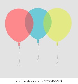Three air flying balloons isolated on white background. Festive decor element for Birthday party or balloon greeting card design element. Vector