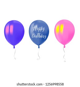 Three air flying balloons isolated on white background. Inscription Happy Birthday. Festive decor element for Birthday party or balloon greeting card design element. Vector