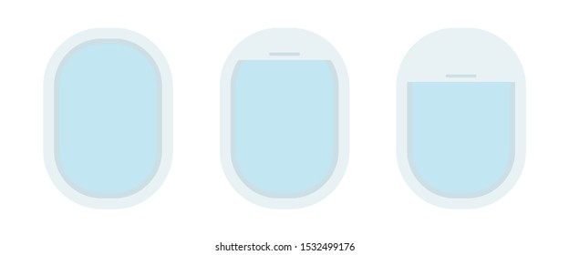 Three aircraft portholes with clean sky outside plane. Travel tour elements for cards, banners, flyers design. Vector illustration