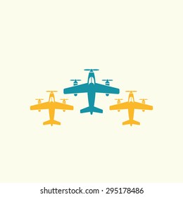 Three airplane flying in a row top view isolated vector icon