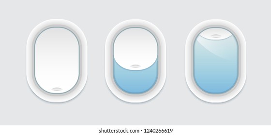 Three airplane windows inside view. 
Vector porthole with transparent glass. Aircraft open and closed window template isolated.