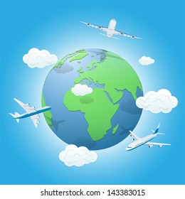 Three airplanes flying around the World, illustration.