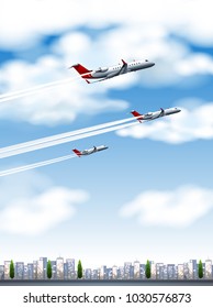 Three airplanes flying over the city illustration