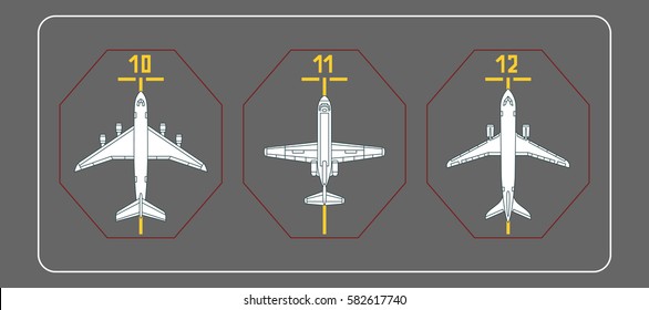 Three airplanes on the terminal apron. Vector illustration. Each object is grouped individually. 