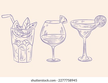 Three alcoholic cocktails in a glass with pieces of fruit and ice. vector line drawing by hand in etching style