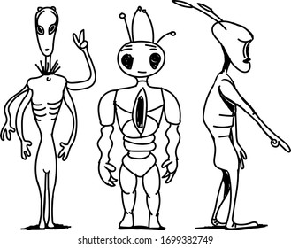 Three alien humanoids stand in a row. One of them points to something.