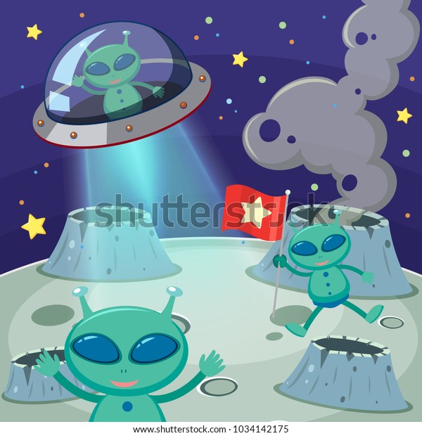 Three aliens in dark\
space illustration