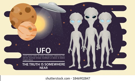 Three aliens stand side by side on a background of planets and stars, flat vector drawing, for design design