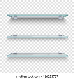 Three alike glass shelves on transparent grey and white plaid background realistic vector illustration