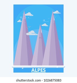 Three alpes  peaks landscape. Mountains in flat design