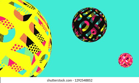 three alphabet balls floating in space in pop colors