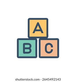 Three alphabet blocks stacked in a simple flat style. The colors are yellow, turquoise, and peach on a White Background.
