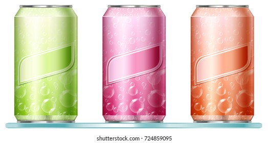 Three aluminum cans with bubbles on labels illustration