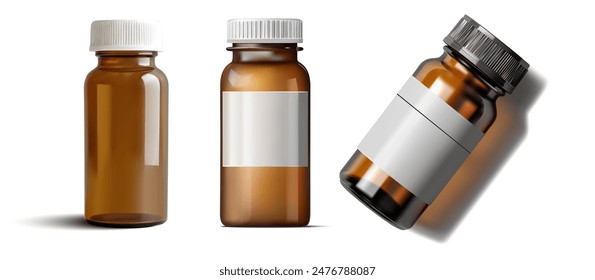 Three amber glass bottles with white caps, used for pharmaceutical purposes. The image features one bottle upright, one tipped, and one lying on its side, all with blank labels for customization.