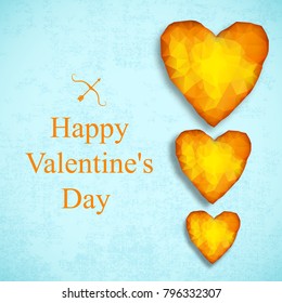 Three amber heart in different shape composition and headline happy valentines day vector illustration