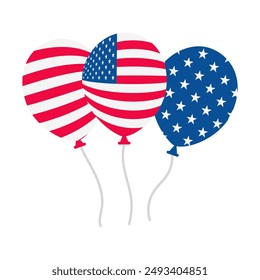 Three American flags are tied together with balloons. The balloons are red, white, and blue