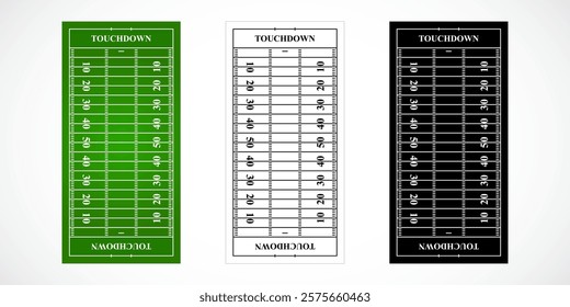 Three American football field designs: green layout, white outline, and black schematic for sports strategy, planning, or educational use.
