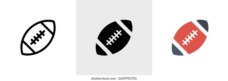 Three american football icons presented in a comparison outline on white, solid black on gray, and full color with red body and dark ends, isolated on white.