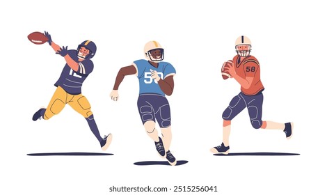 Three American Football Players in Uniform Demonstrating Dynamic Pose. Rugby Players Characters Showcasing Skill