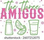 The Three Amigos vector illustration with tequila, lime, and salt in pink and green, created in Illustrator for a fun Cinco de Mayo Mexican vibe.