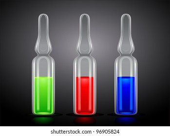 three ampoules with green, red and blue liquid on a black background