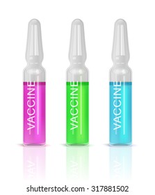 Three ampules with pink, green and blue solutions and VACCINE inscriptions, isolated on white background. Medical chemistry concept