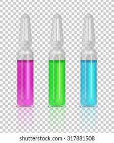 Three ampules with pink, green and blue solutions on transparency simulated background. Changing of background is available. Medical chemistry concept