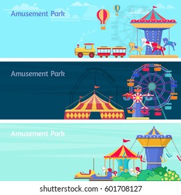 Three amusement park banners with different carousels, swings and ferris wheel. Vector illustration