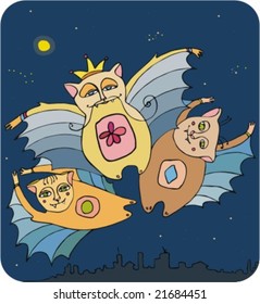 Three amusing bats over a city