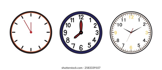 Three Analog Clocks Displaying Different Times, Side-by-Side on a White Background