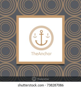 Three anchor emblem with circular rope in frame. Simple gold color logo template. circle rope pattern background. Vector illustration.