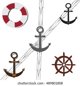 Three anchors. Ship steering wheel. Lifebuoy. Marine set. White background with a rope.