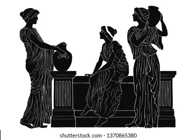 Three Ancient Greek Women Are Talking Near The Parapet With Jugs. Vector Image Isolated On A White Background.