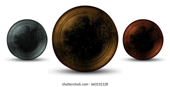 Three ancient shabby coins, silver, bronze and gilded