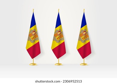 Three Andorra flags in a row on a golden stand, illustration of press conference and other meetings. Vector illustration.