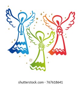 Three Angels. Angel with a trumpet and Angel with a star and Angel with a palm leaf. Simple vector illustration of a free hand line.