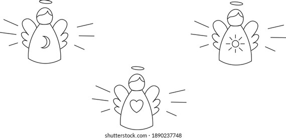 
three angels. black and white illustration. sun, month, heart. logo. icon. 