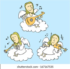 Three angels play instruments sitting on clouds