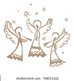 Three Angels play on the trumpets among the stars. Simple vector illustration of a free hand line.