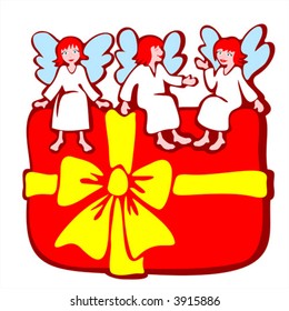 Three angels sit on a red box with a yellow bow.
